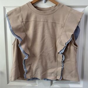 Anthropologie Cream Knit Top Blue White Stripe Ruffle detail